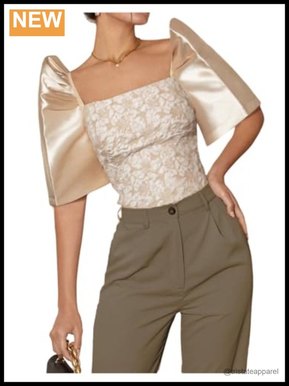 Women's Satin Puff Sleeve Blouse Square Neck Jacquard Dressy Casual Shirt